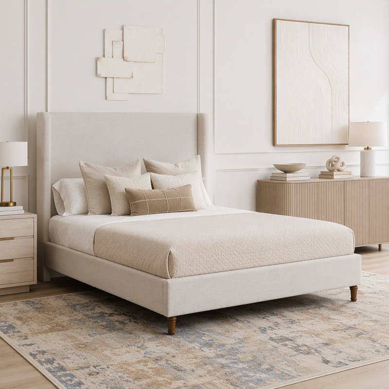 Lit tapissier avec tête de lit haute de 55 po et toile ivoire texturée, Grand lit