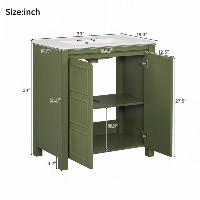 Meuble-lavabo de 30 po avec lavabo en céramique et portes réglables, Vert olive