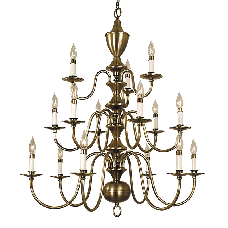 Lustre à plusieurs niveaux de style bougie 15 lumières Jovan, Laiton antique