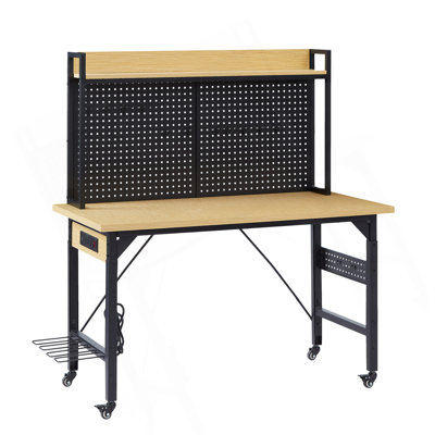 48''Adjustable Workbench With Pegboard, Heavy Duty Wooden Desktop Workbench With Wheels, 1600 Lb. Load Capacity, Rolling Workbench With AC/USB Outlet, Hooks, Shelf, For Garage, Workshop, Office, Home.
