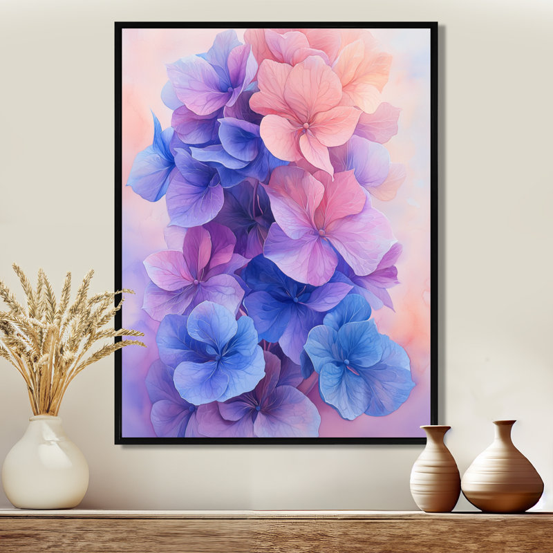 Lavande fluide Hydrangea Flow II - hydrangées, art mural pour le salon, Noir, H 20 po x l 12 po