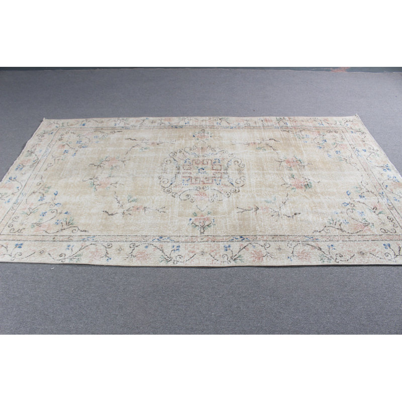 Grand tapis beige en laine Oushak rétro avec frange, idéal pour la salle à manger