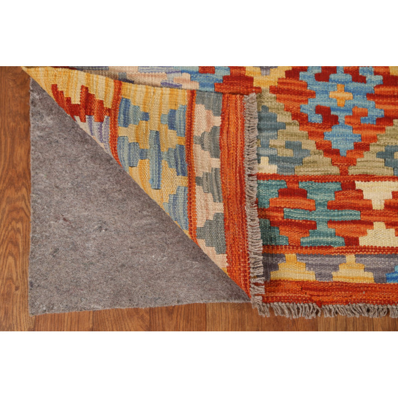 Geometric Handmade Flatweave Rectangle 5'1" x 6'6" Wool Area Rug in Oranges/Rust