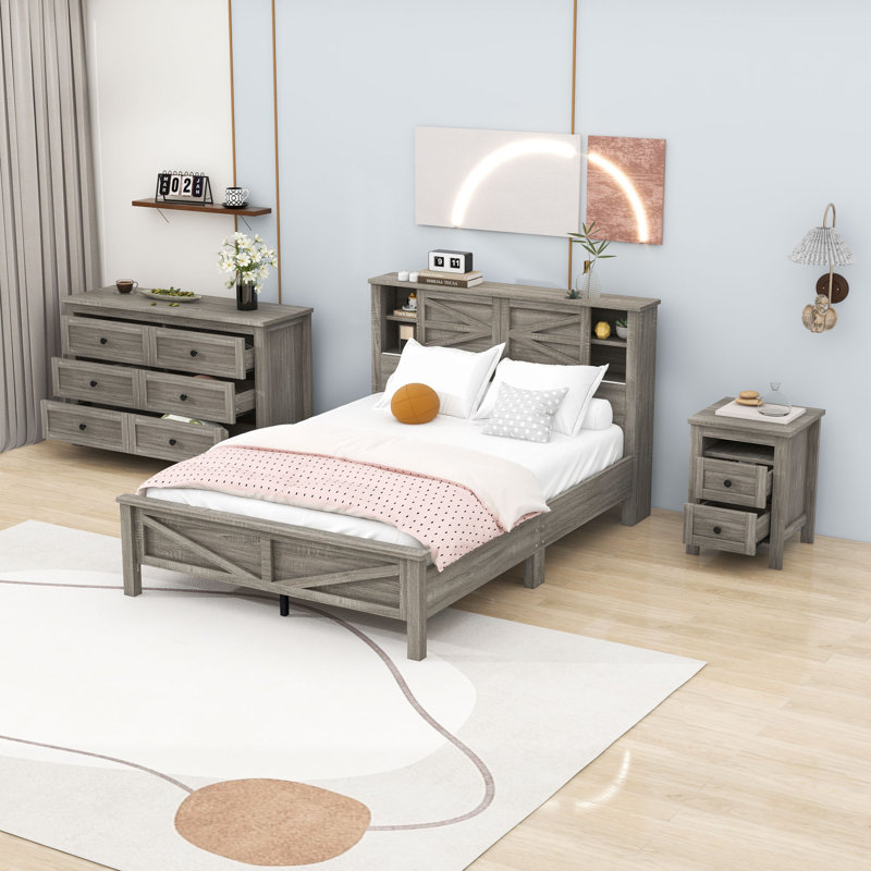 Ensemble de chambre à coucher, lit plateforme avec tête de lit, table de chevet et commode 3 pièces Kuehne, Gris antique