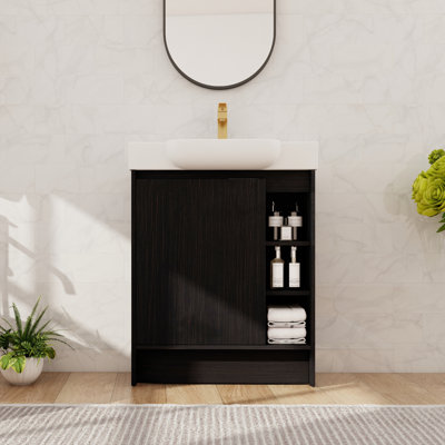Ensemble de meuble-lavabo 28 po, meuble-lavabo simple autoportant avec comptoir en céramique, meuble-lavabo sur pied avec 1 porte et 3 tablettes