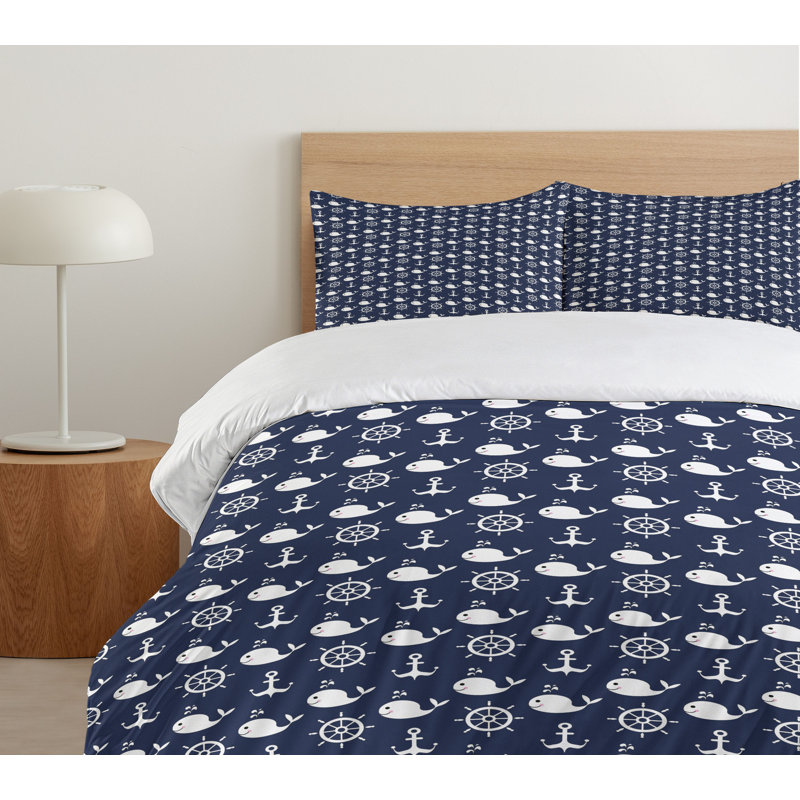 Navy Blue Nautical Pattern Queen Duvet Cover Set
