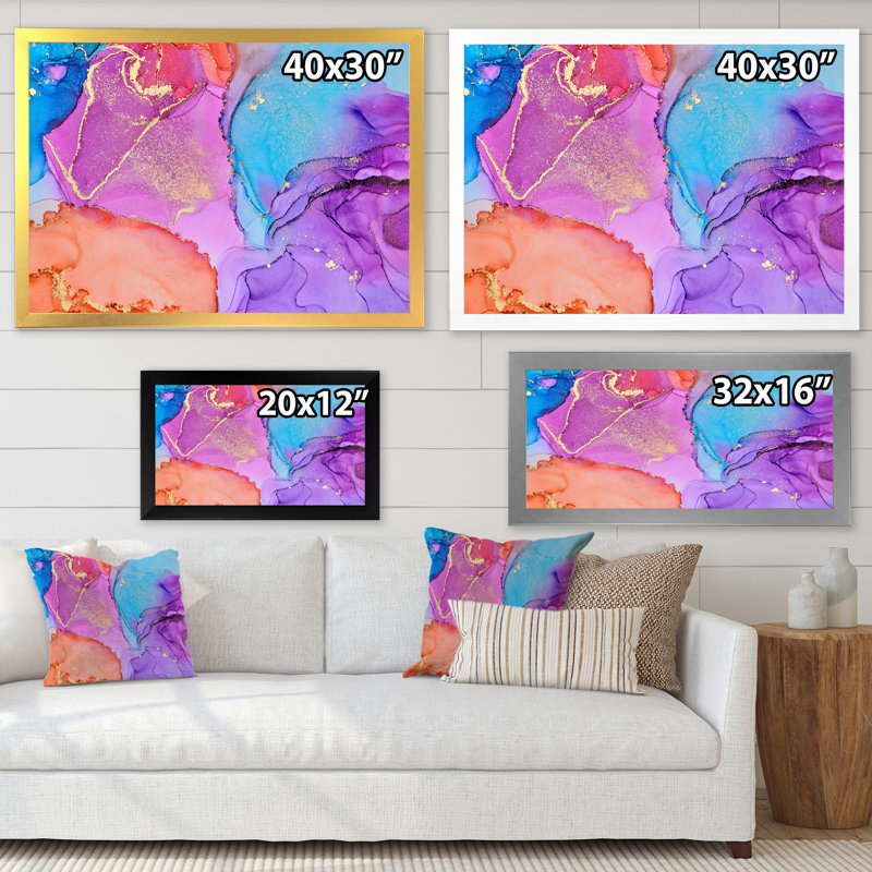Mauve et bleu abstrait luxueux fluide - Peinture sur toile, H 34 po x l 44 po, Cadre doré à coins fermés