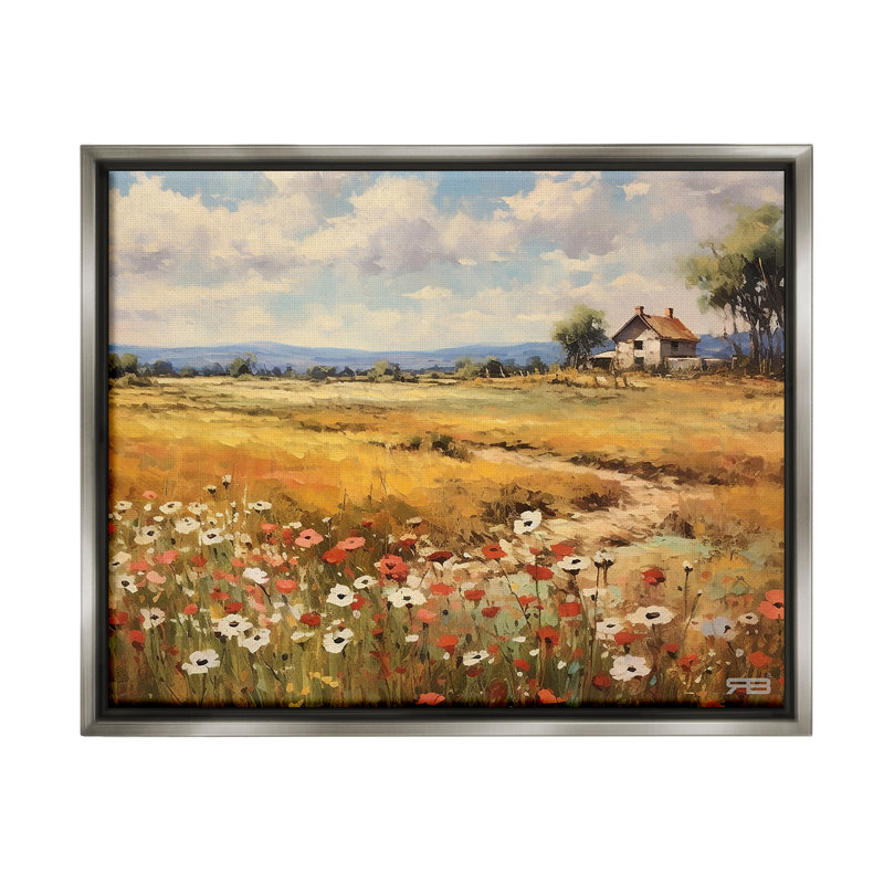 "Countryside Poppy Meadow" par RB sur toile, Cadre flottant gris lustré, H 17 po x l 21 po