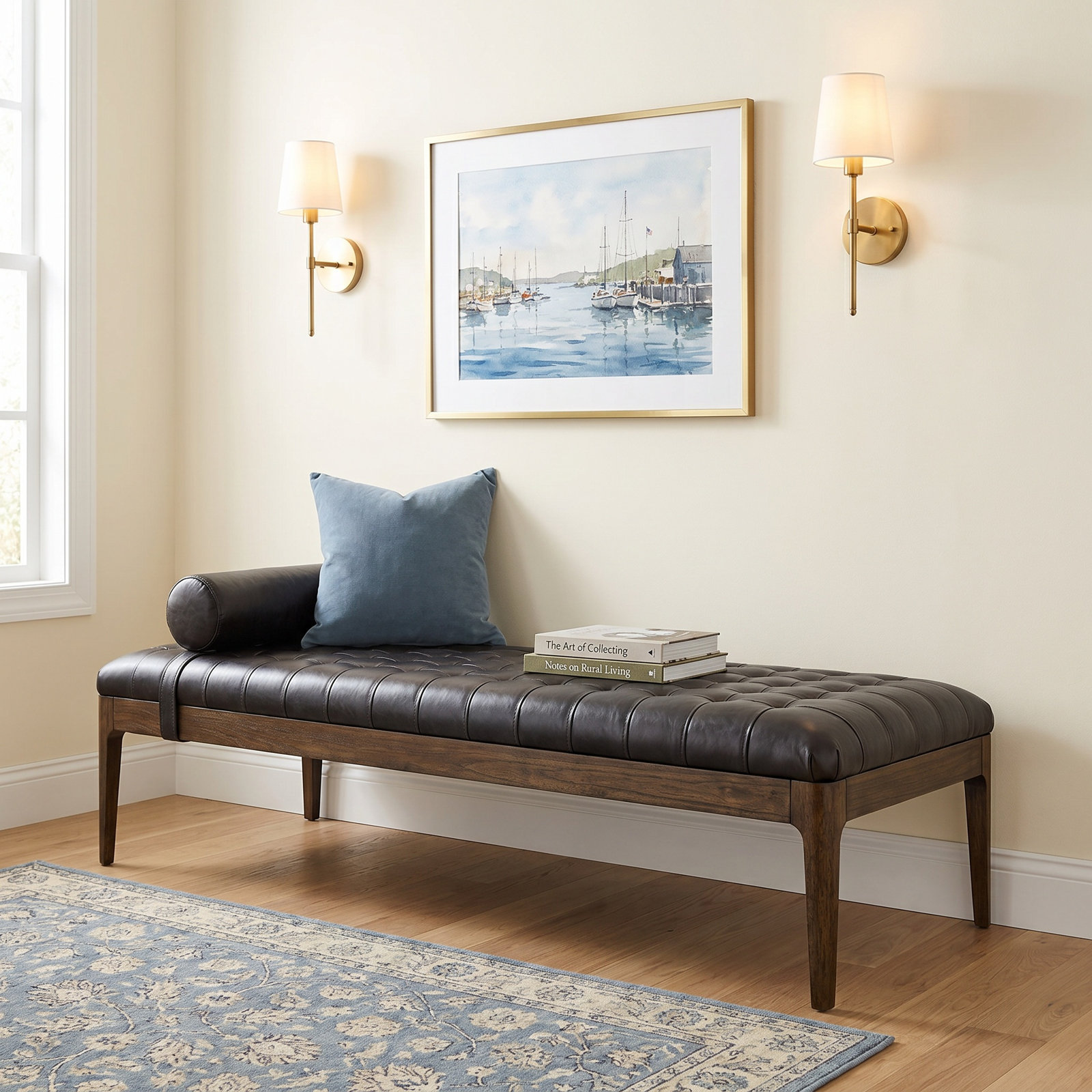 Moody Genuine Leather Bench, Sonoma Black Genuine Leather