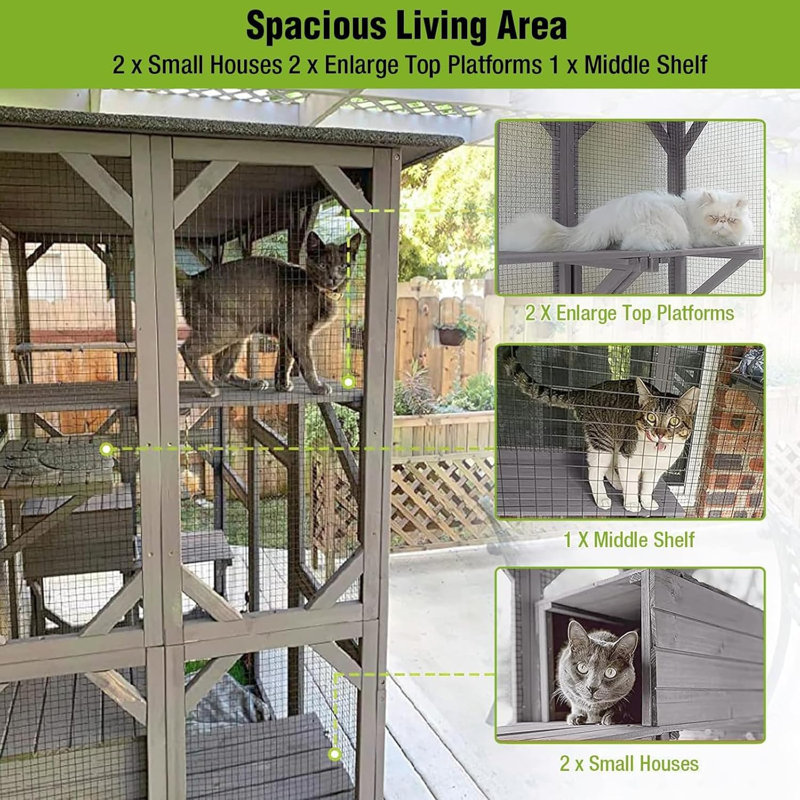 Grande cage à chat pour l'extérieur pour chat avec plusieurs plates-formes avec 7 plateformes et 2 boîtes de repos, toit en asphalte, 70 pouces Catio