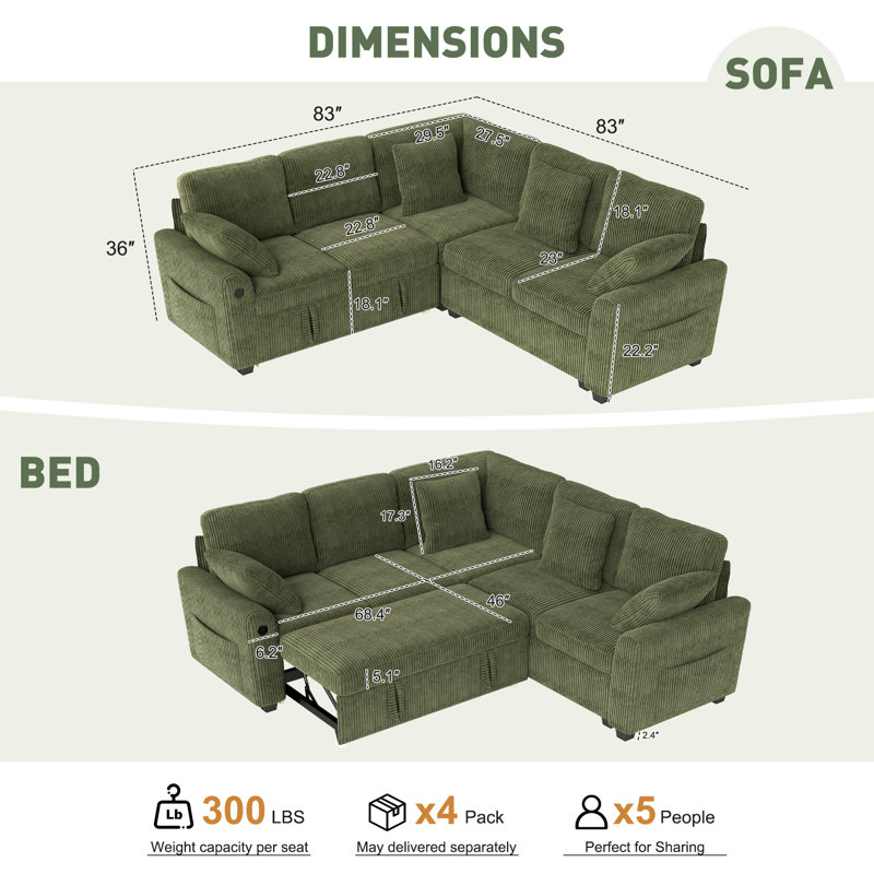 Macleod 83" Upholstered Corduroy L Shape Modular Sectional Sleeper Sofa with Pull Out Bed and USB Charging, Green