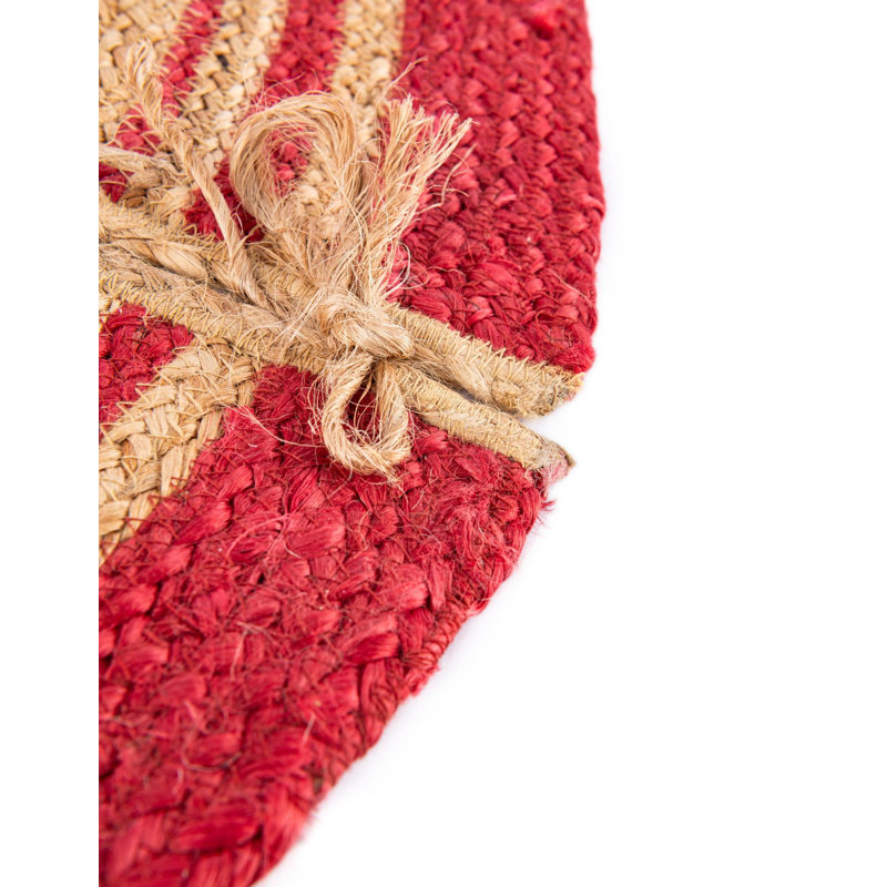 Handmade Round Beige and Red Jute Christmas Tree Skirt