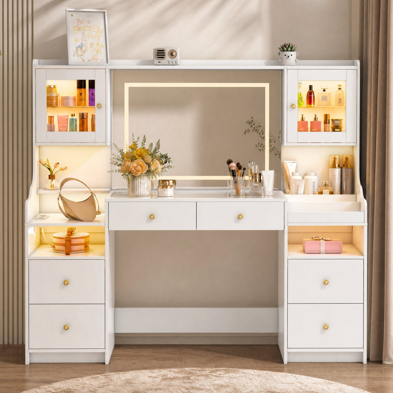 Coiffeuse 62 po avec plateau en verre, miroir et lumières DEL, 3 modes d'éclairage et prise de courant, Blanc