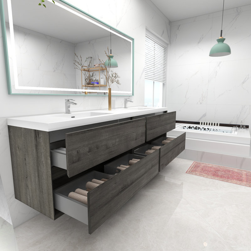 Ensemble de meuble-lavabo double mural 84 po Asaya, Chêne fumé