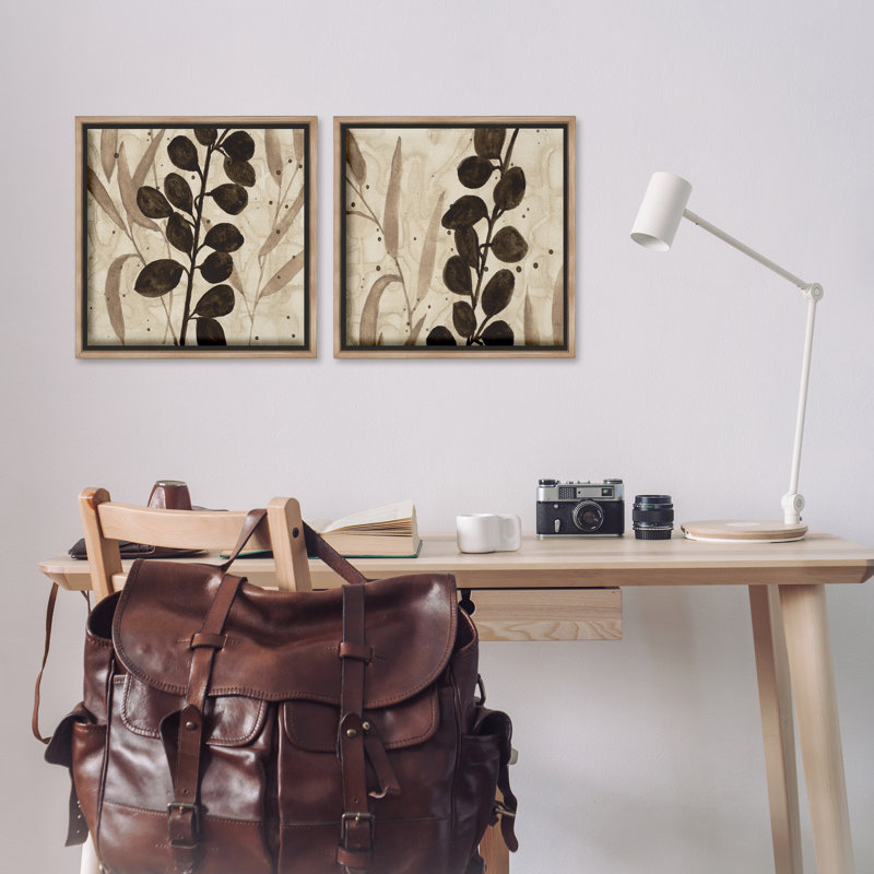 Natural Tone Sprouting Leaves 2pc Floating Frame Set, design by Krinlox, Montalcino Elm Floater Frame, 18" H x 18" W
