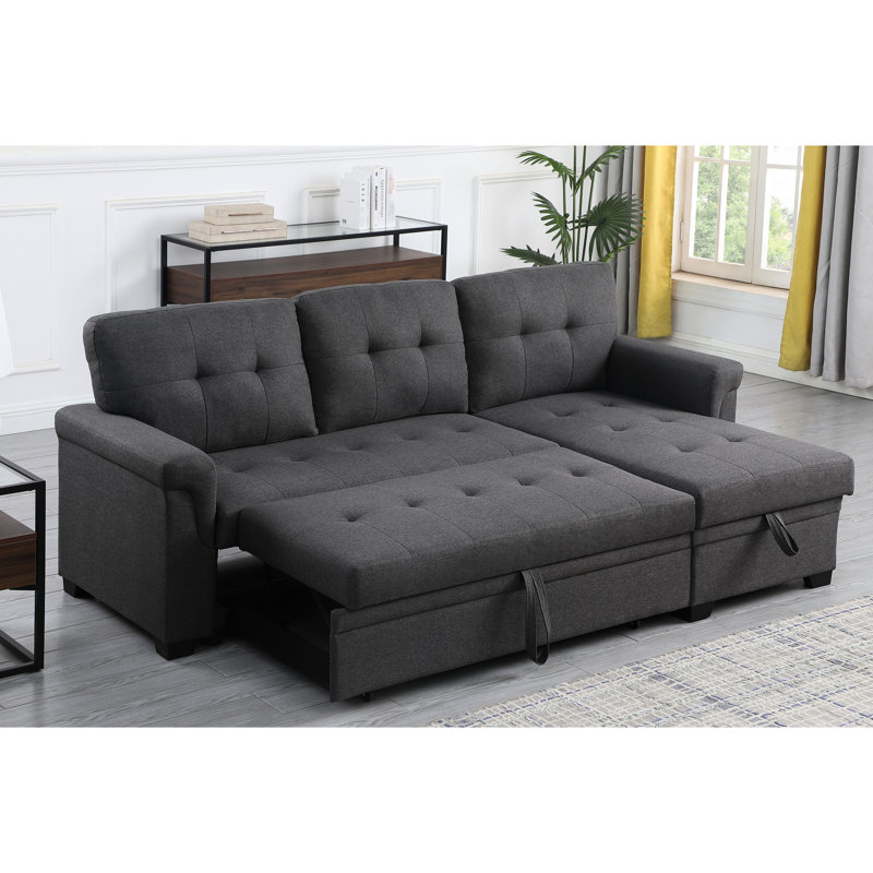 Canapé modulaire 84 po avec toile de lin gris foncé, hauteur 35 po, canapé-lit modulaire réversible en lin à piqûres moelleuses, rangement, profondeur de siège 18 po, rembourrage en mousse
