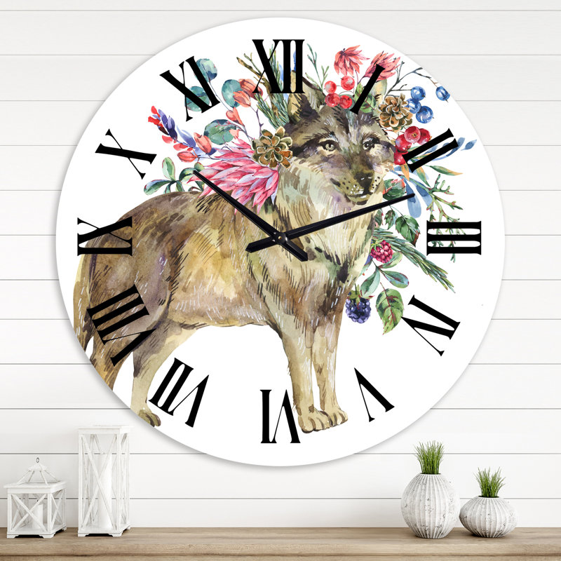 Loup avec des fleurs de la forêt - horloge murale, Grand