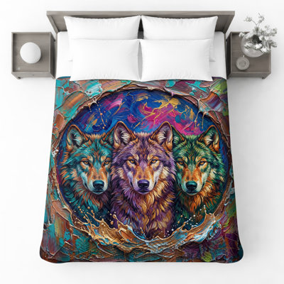 Three Wolves Painting Quilted Bedspread All Sizes