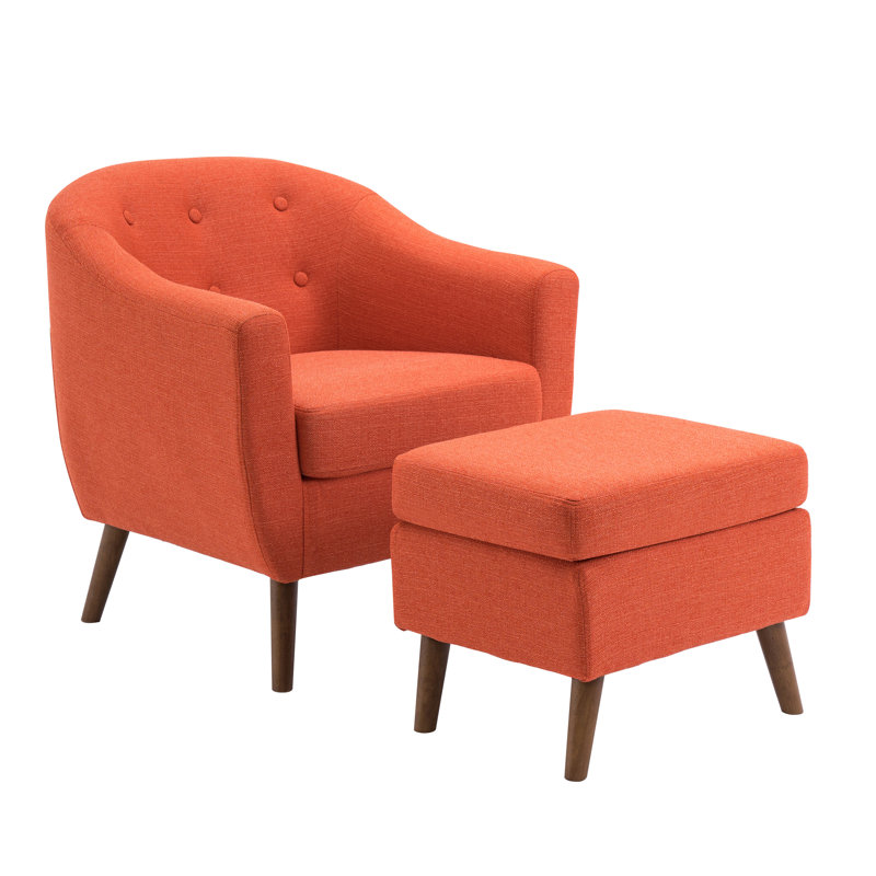 Chaise d'appoint rembourrée en lin avec repose-pieds en bois d'hévéa Arlaith, Lin orange