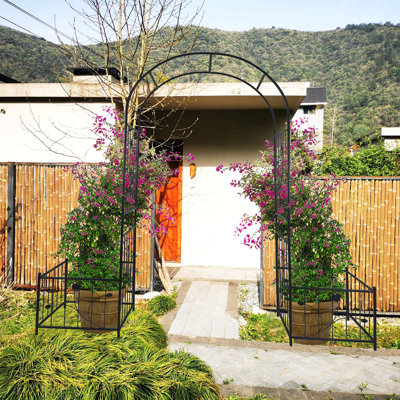 Metal Garden Arch With Gate 79.5'' Wide X 86.6'' High Climbing Plants Support Rose Arch Outdoor Black
