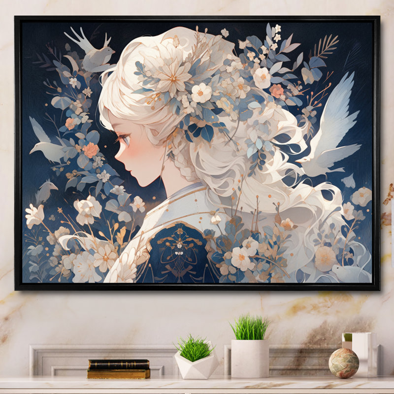 Personnage d'anime blond sur toile, Cadre flottant noir, H 30 po x l 40 po x P 1,5 po