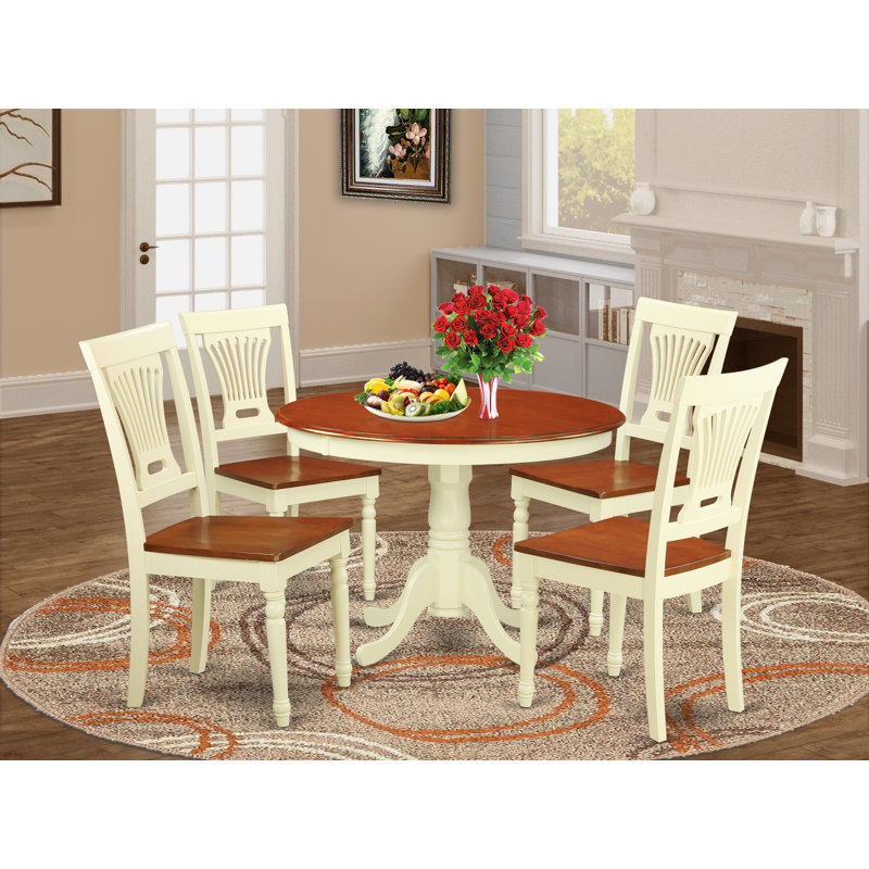 5 Piece Dining Room Furniture Set Includes a Round Kitchen Table with Pedestal and 4 Dining Chairs, Buttermilk & Cherry