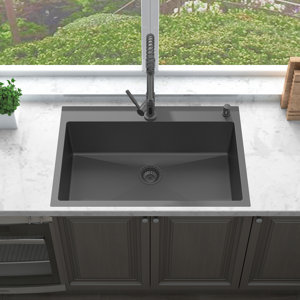 Sinber 33" x 22" Drop-In Single Bowl Kitchen Sink with 18 Gauge 304 Stainless Steel Polished Black Finish