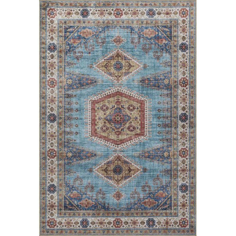 Blue Gray Framed Patterned Decorative And Woven Based Washable Carpet, Rectangle 3'4" x 5'