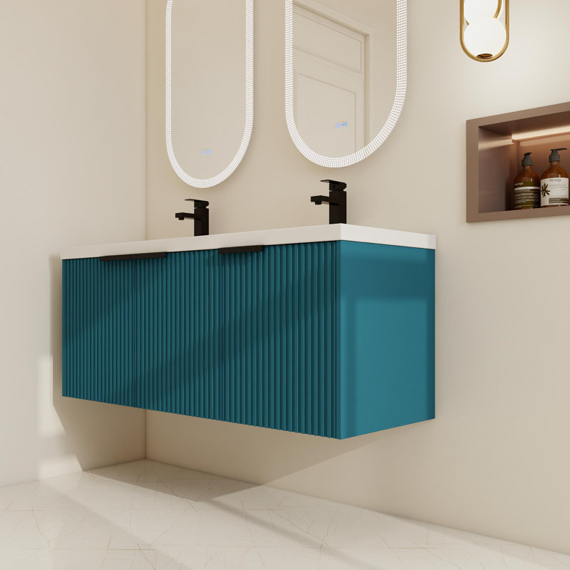 Ensemble de meuble-lavabo mural double 48 po avec 2 lavabos 3 48 po et 3 portes, Bleu