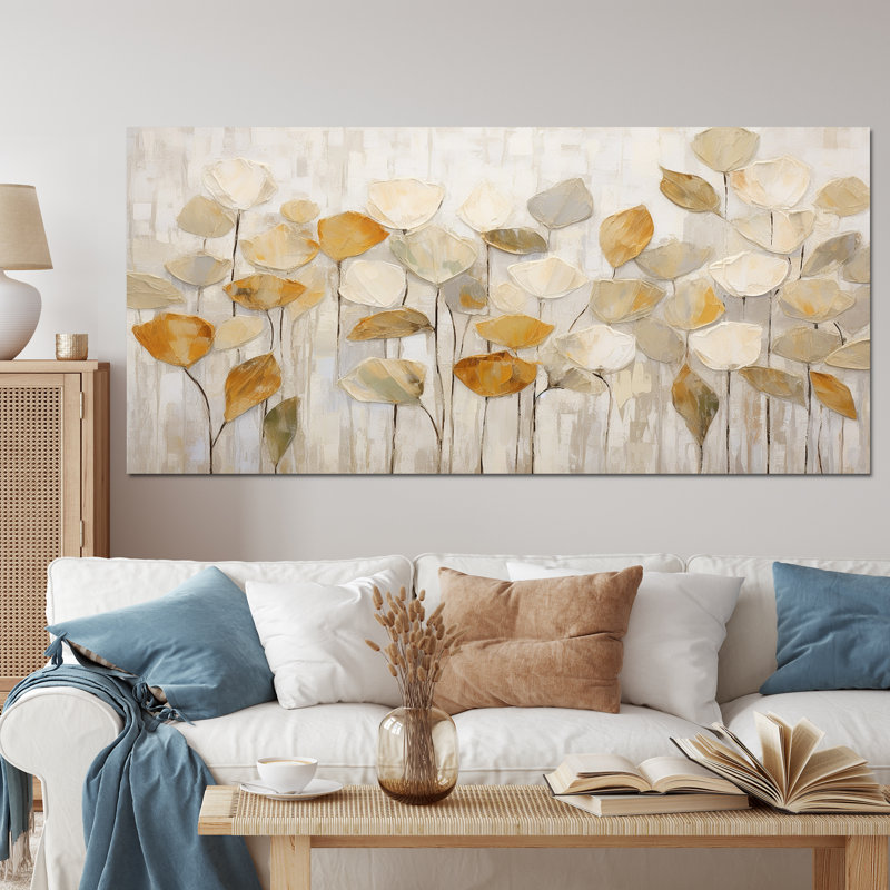 «Beige Botanical Impressions II - Abstract Botanicals», art mural, Toile tendue, H 28 po x l 60 po, Sans cadre