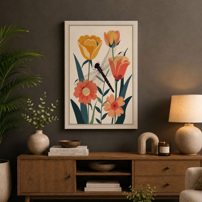 Arrangement with Bee Botanical - Wrapped Canvas, 18x12 - 45.7 x 30.5 cm, Teal Border