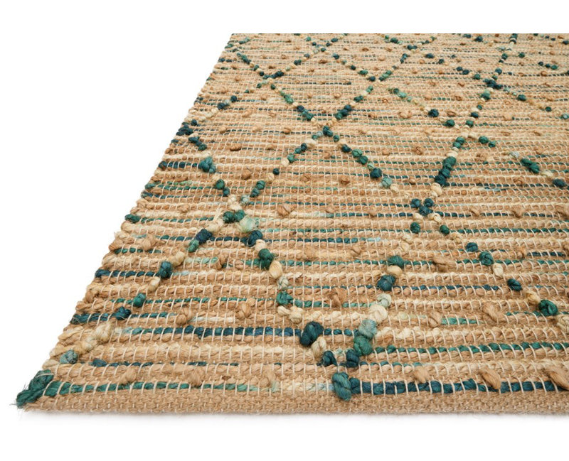 Tapis décoratif turquoise nouée à la main à motif géométrique pangkal Pinang, Rectangle 7 pi 9 po x 9 pi 9 po