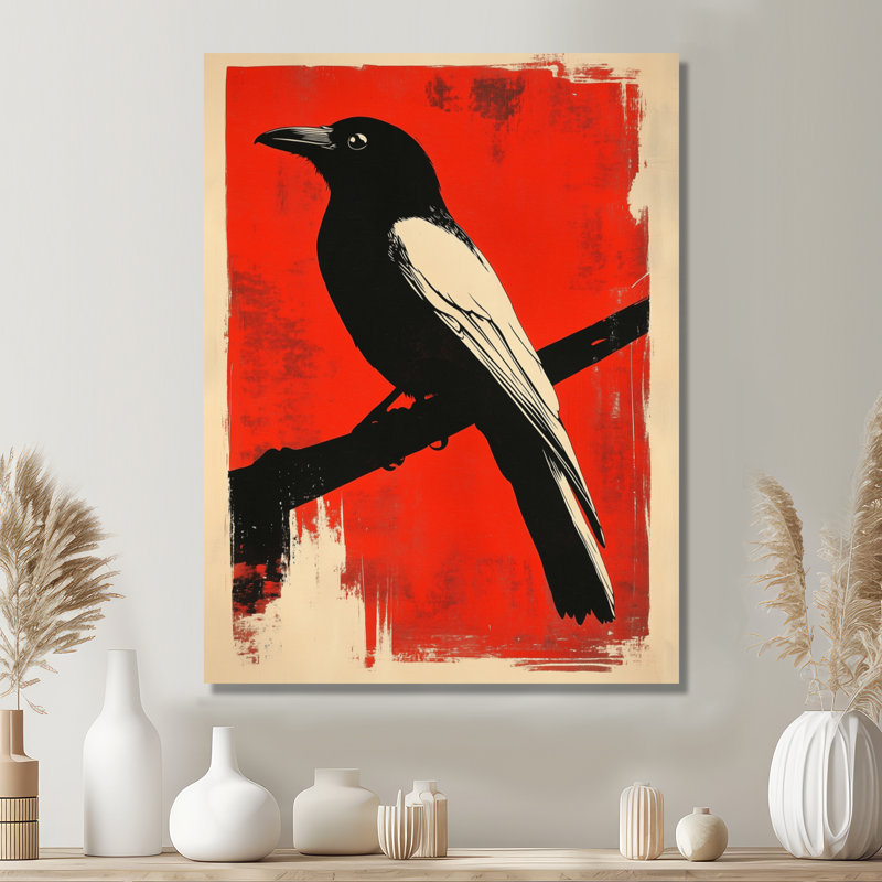 Corbeau rouge dans une ombre sculptée - art mural sur toile linogravure, 20" H x 12" W, Wrapped Canvas