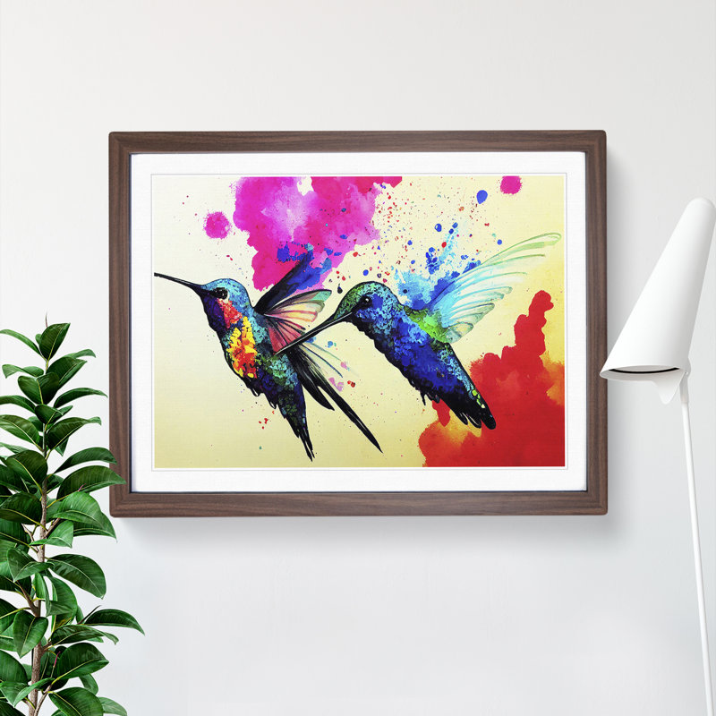 Hummingbird Splatter Vol.1 Abstract 1 Piece Single Picture Frame Painting, 34cm H x 46cm W x 2cm D, Walnut
