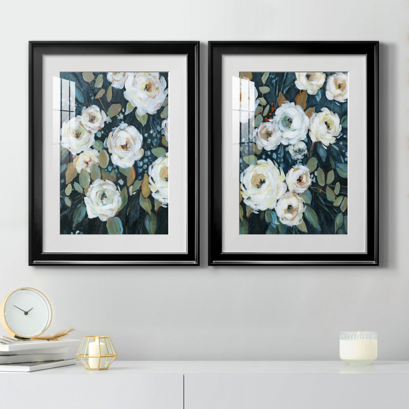 Moonlit Garden II - ensemble de 2 reproductions d'art, Blanc, H 18,5 po x l 49 po x P 1,5 po, Papier encadré noir