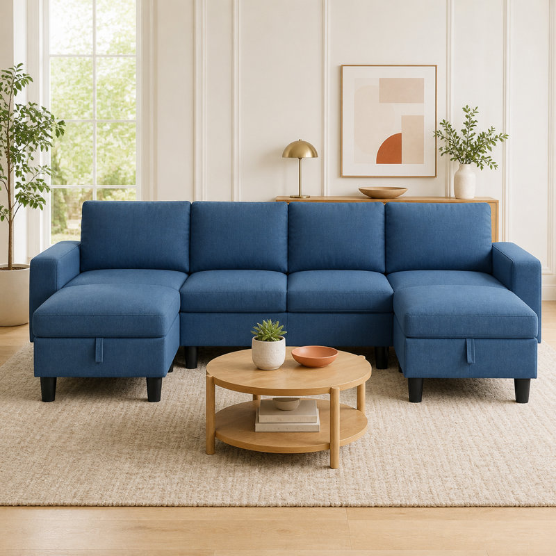 Canapé-lit d'angle modulaire en forme de U, réglable, de 110 pouces de largeur, avec 2 poufs de rangement, Bleu