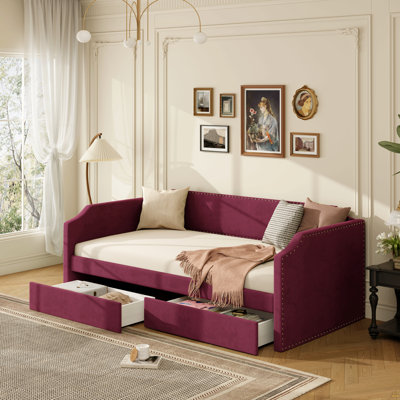 Twin Size Velvet Upholstered Daybed with 2 Drawers, Wine Red