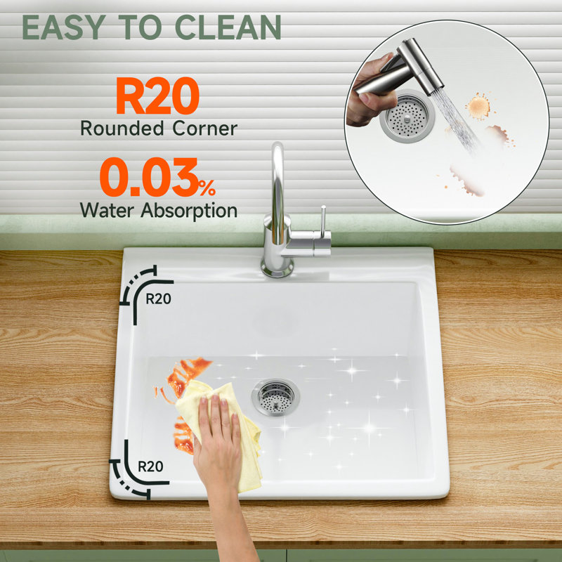 Évier de cuisine encastré en argile réfractaire 1 trou L 24 po x l 22 po blanc pour cuisine et buanderie, 2 accessoires sur mesure inclus