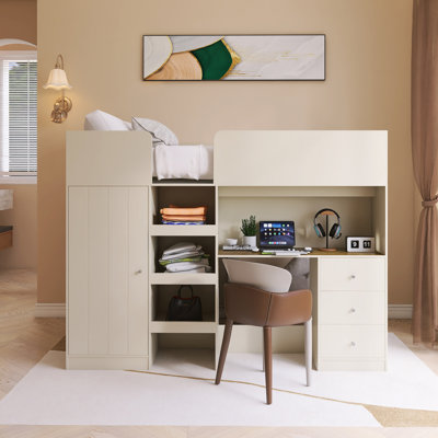 Wood Frame Full Loft Bed With Built-In Wardrobe, Storage Shelves And Drawers by Harriet Bee