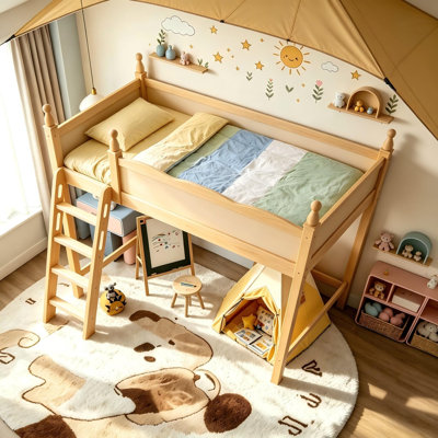 Lit mezzanine simple en bois massif avec barrières de sécurité sur toute la longueur, cadre de lit mezzanine pour enfants avec échelle et espace sous le lit, lit cabane en bois de pin pour chambre d'adolescent, naturel.