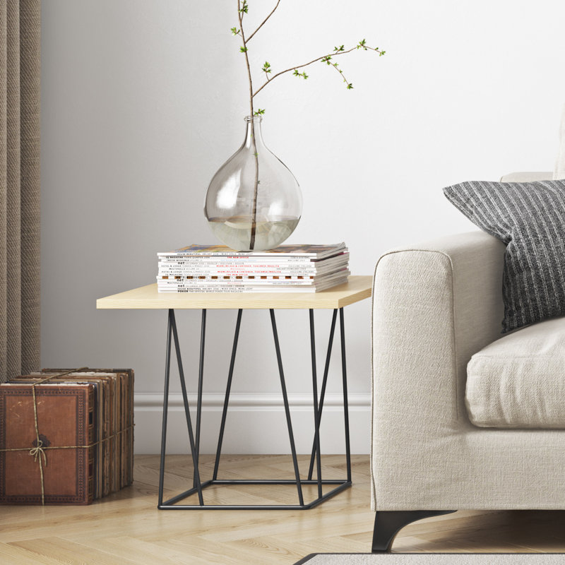 Saina End Table, Black Lacquered Steel, Wild Oak