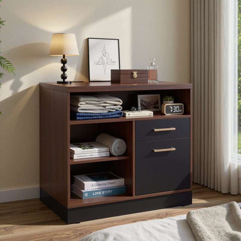 Adonia 31.5"W 2 Drawer Wood File Cabinet With Lock, Power Strip, Storage Shelves For Home Office, Black Walnut