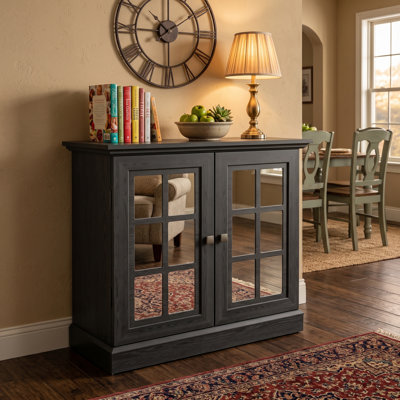 30.75" Black MDF Storage Sideboard with 2 Mirrored Doors & Adjustable Shelf