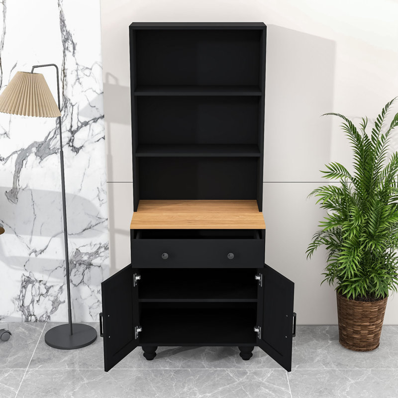 Farmhouse Tall Bookcase with Gourd Legs, Adjustable Shelves and Retro Handles, Black