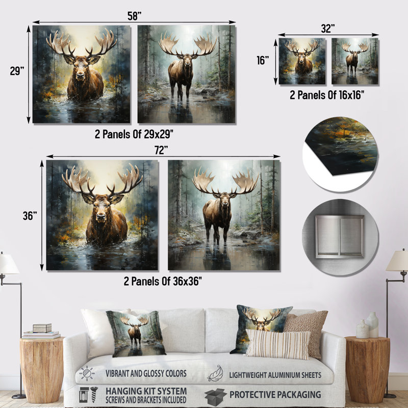 Mystic Moose In Forest I - Moose, reproduction d'art en métal, ensemble de 2 carrés, H 16 po x l 32 po