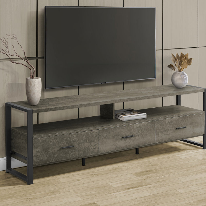 Meuble télé 72 po, meuble télé en stratifié bronze foncé, métal noir, 2 espaces ouverts pour les articles, 3 tiroirs, po