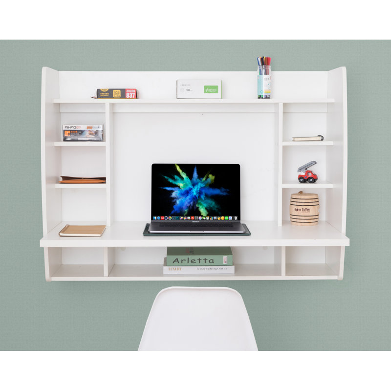 White Floating Wall-Mount Desk with Shelves, Space-Saving Laptop Workstation for Writing, Study, Bedroom, Living Room, Office