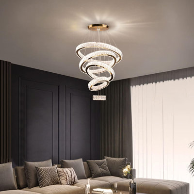 Led Crystal Chandelier, Modern 5-ring Chandelier Stainless Steel Base Height Adjustable 3 Light Switching Suitable For Bedroom Dining Room Kitchen