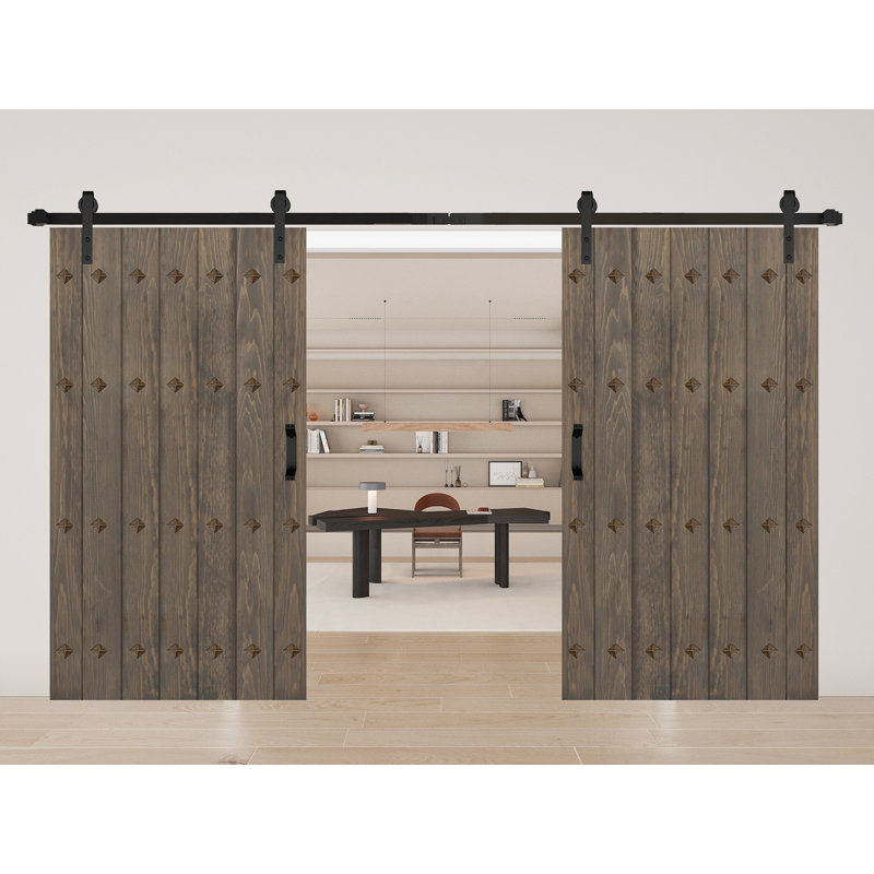 Porte de grange double à panneaux avec ensemble de quincaillerie d'installation, 84 po x 84 po, Gris fumé