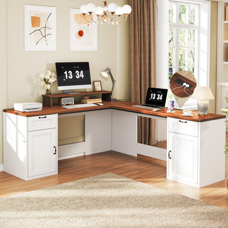 Bureau d'ordinateur en L 78 po avec support pour écran d'ordinateur avec rangement et prises de courant, Bois brun